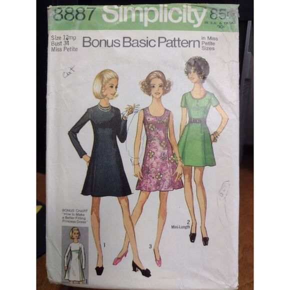 Vintage Simplicity Pattern 8887 Miss Petites' Bonus Basic Princess Dress (1970) - Picture 1 of 2